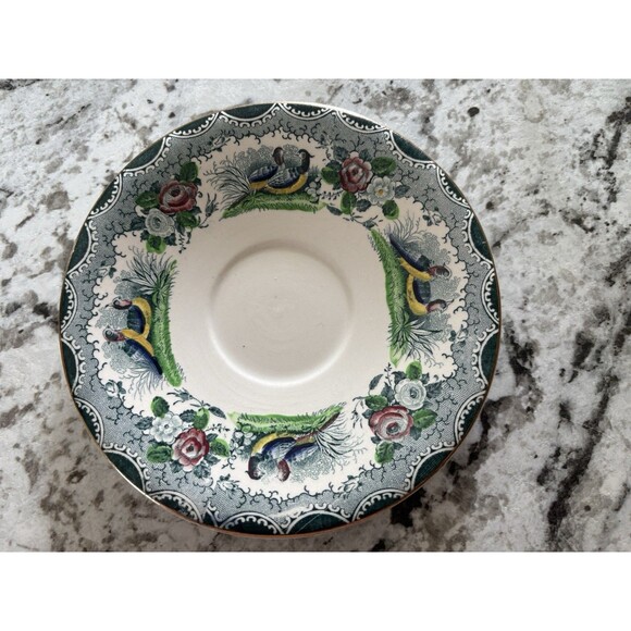 PV France Quimper Style Scenic Teacup Saucer Rare HTF Birds and Flowers SEE Pics - Picture 9 of 11